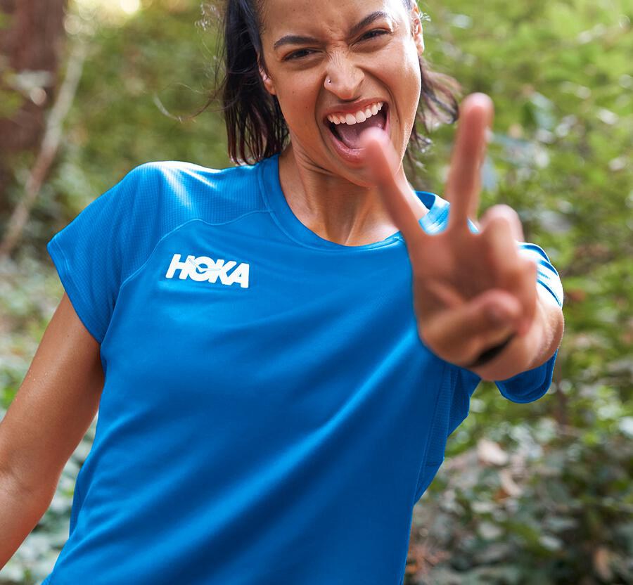 Top Hoka One One Mujer - Performance Short Sleeve - Azules - JIX625314